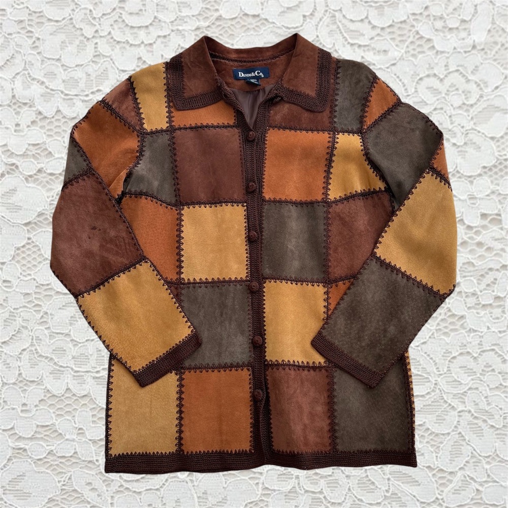 vintage genuine leather patchwork collared jacket